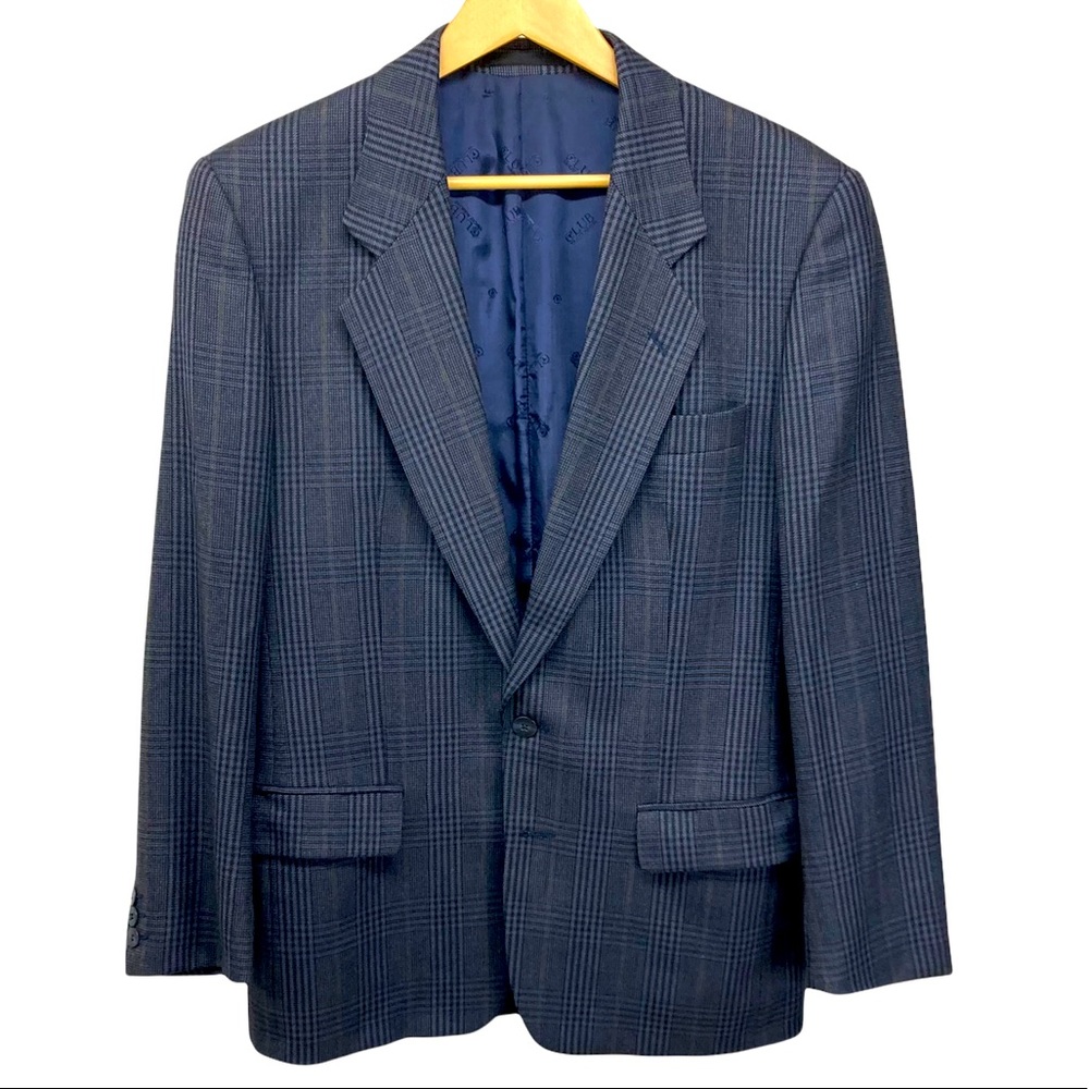 Irish 100% Wool Sports Coat 38R Blue Glen Plaid Pattern Club Le Tricot Marine